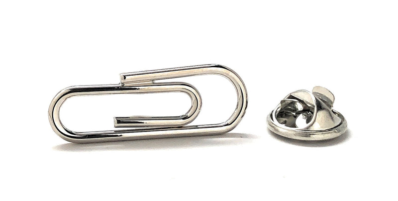 Metal paperclip-shaped lapel pin on a white background