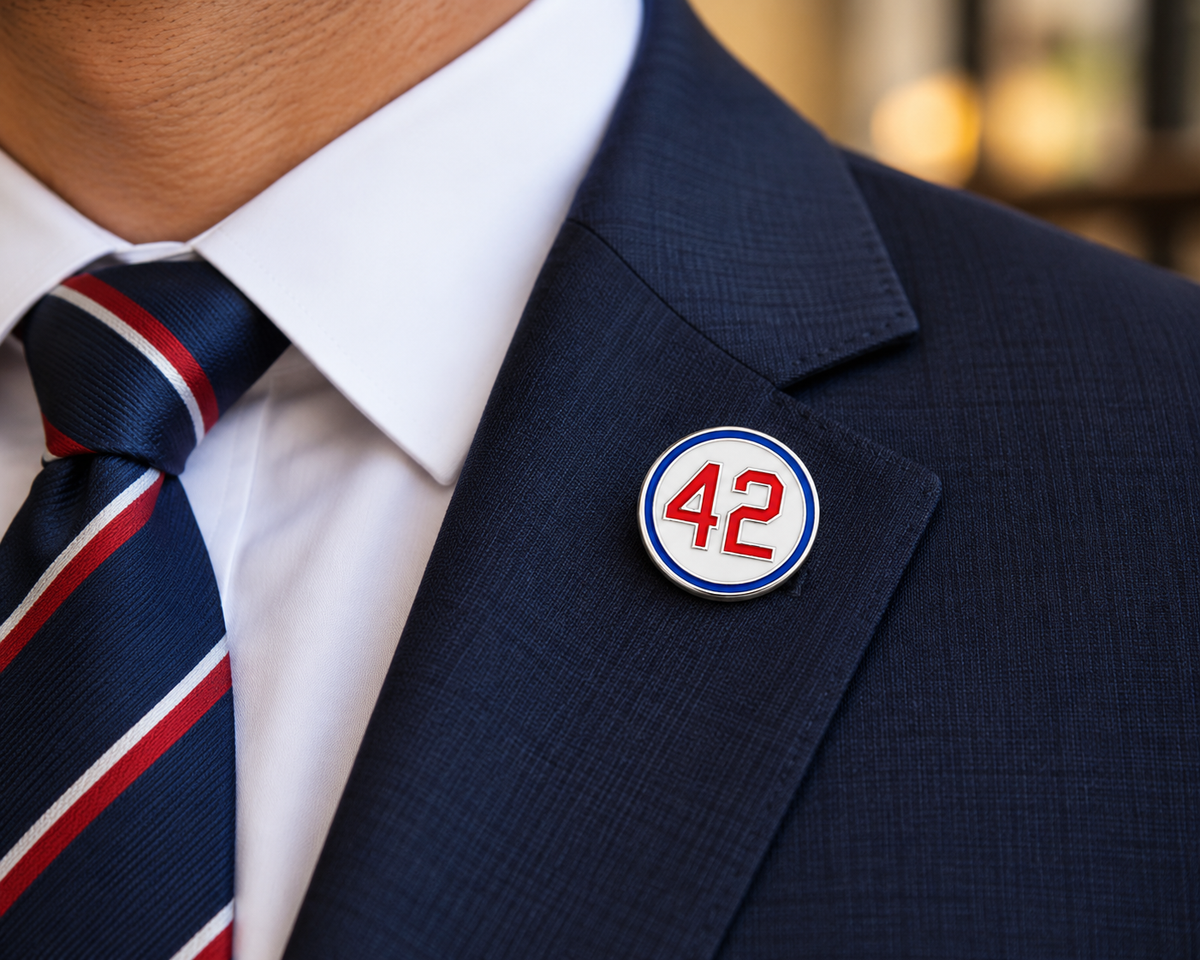 Jackie Robinson Number 42 Tribute Lapel Pin on a man's suit