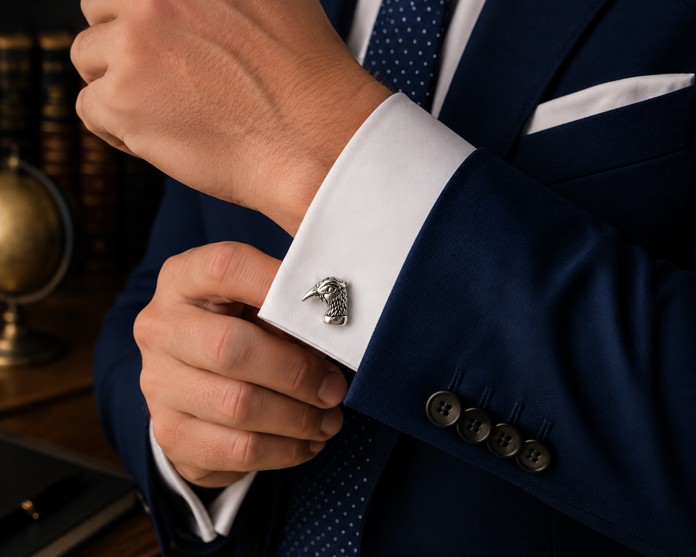 Person adjusting a cufflink on a suit with a globe in the background