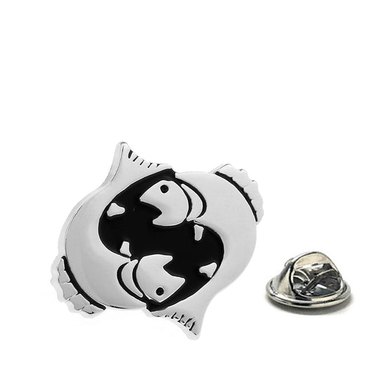 Silver and black enamel Pisces two fish lapel pin with clutch backing – zodiac astrology accessory