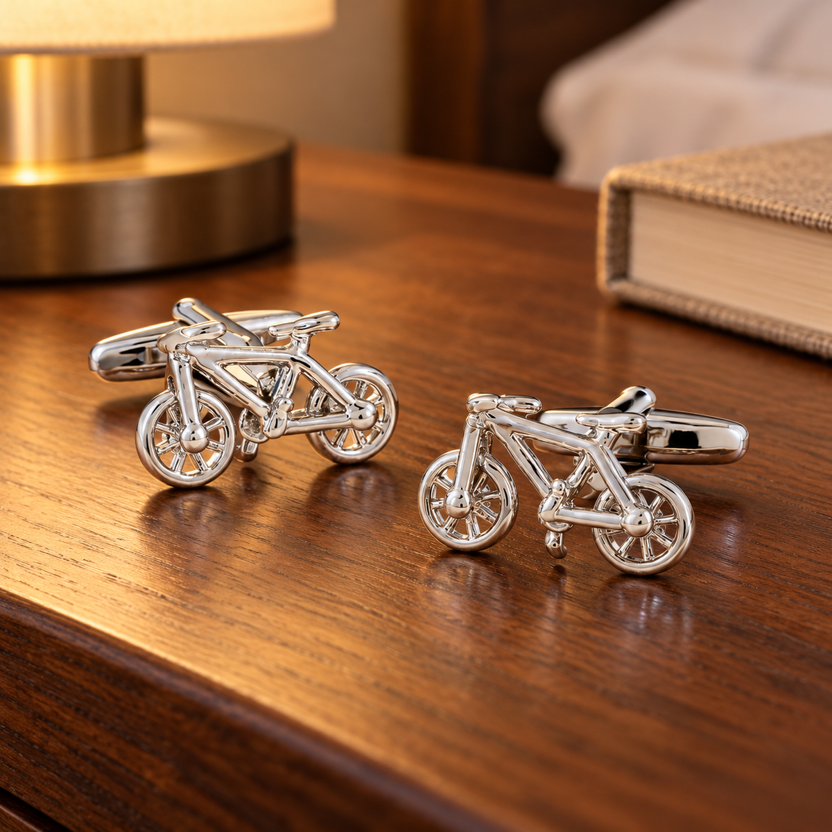 Silver-Tone Bicycle Cufflinks nightstand