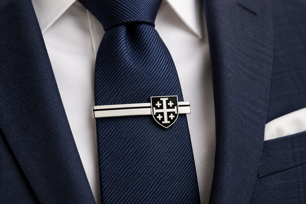 Jerusalem Cross Shield Tie Clip Black White blue suit