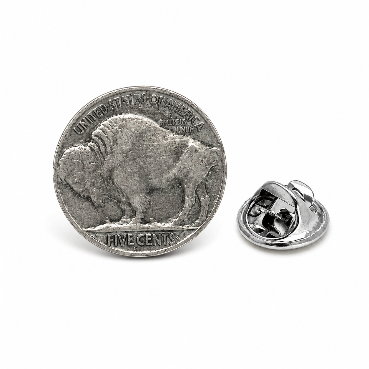 Genuine Buffalo Nickel lapel pin made from an authentic 1913-1938 United States coin