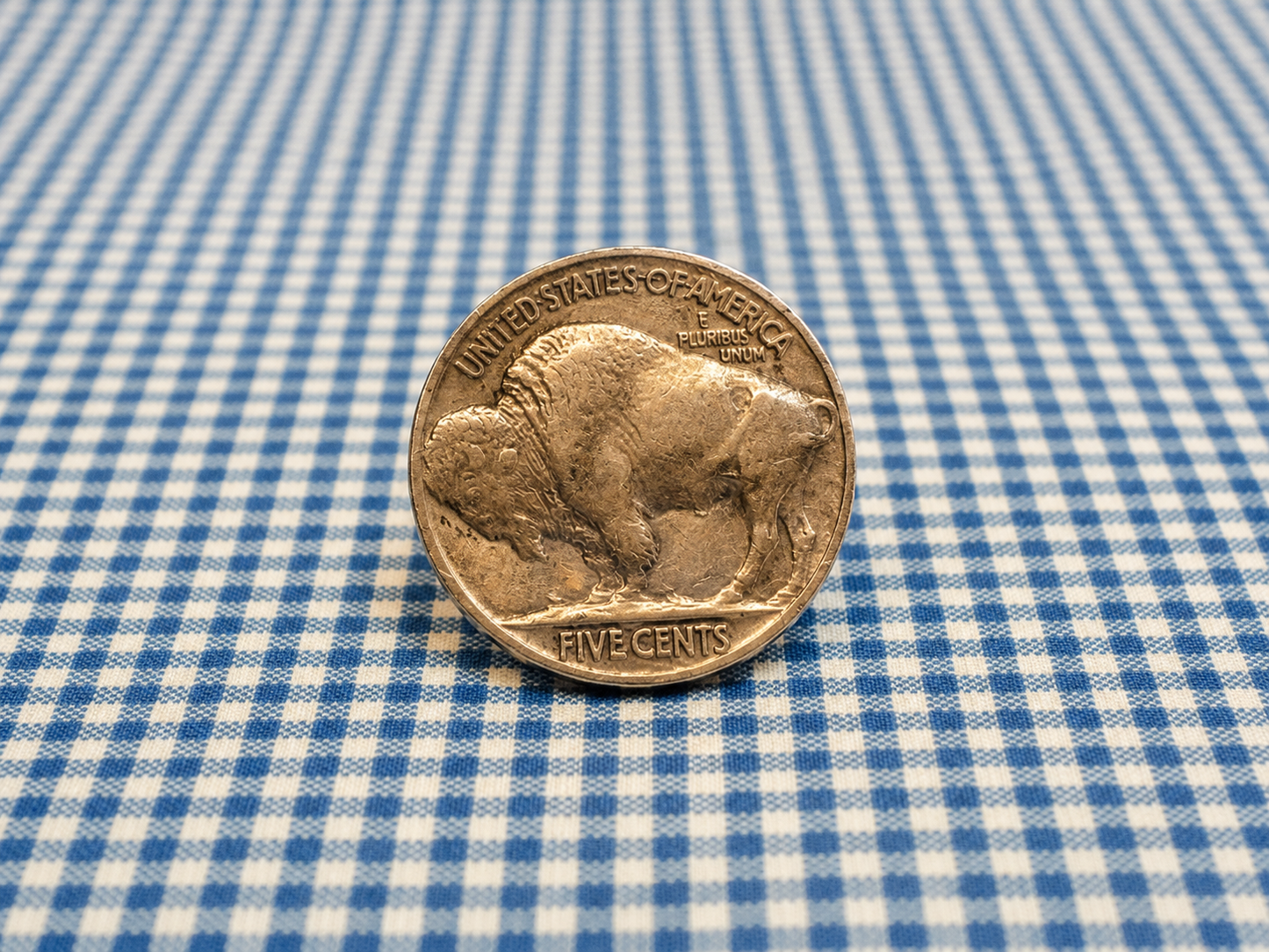 Buffalo nickel coin on a blue and white checkered fabric background