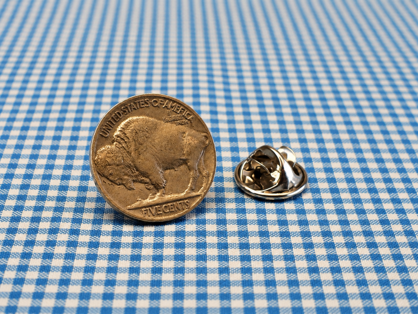 American history lapel pin crafted from a genuine Buffalo Nickel