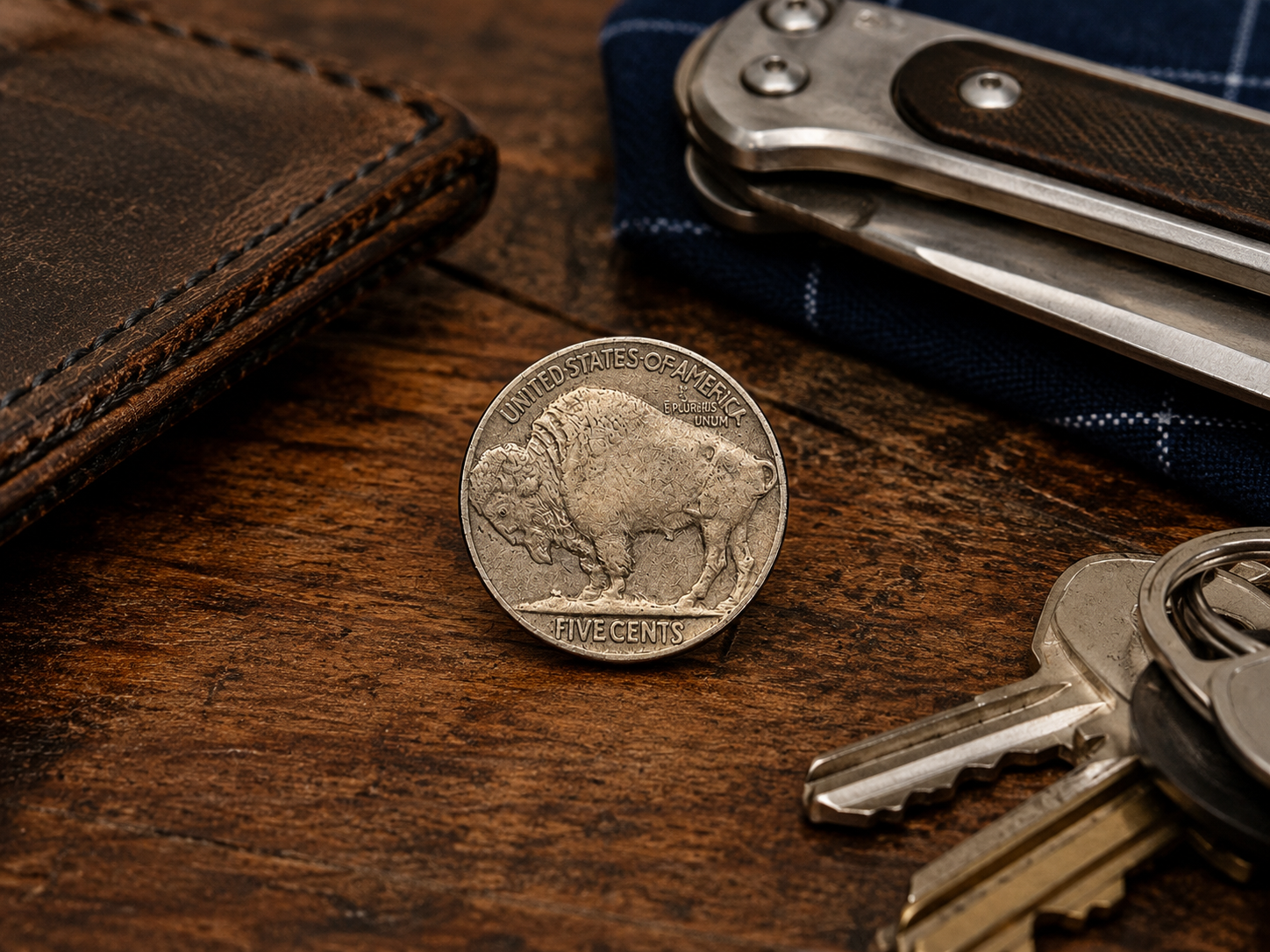 Old West Buffalo Nickel collectible lapel pin for coin collectors with a buffalo design on a wooden surface with keys and a wallet.