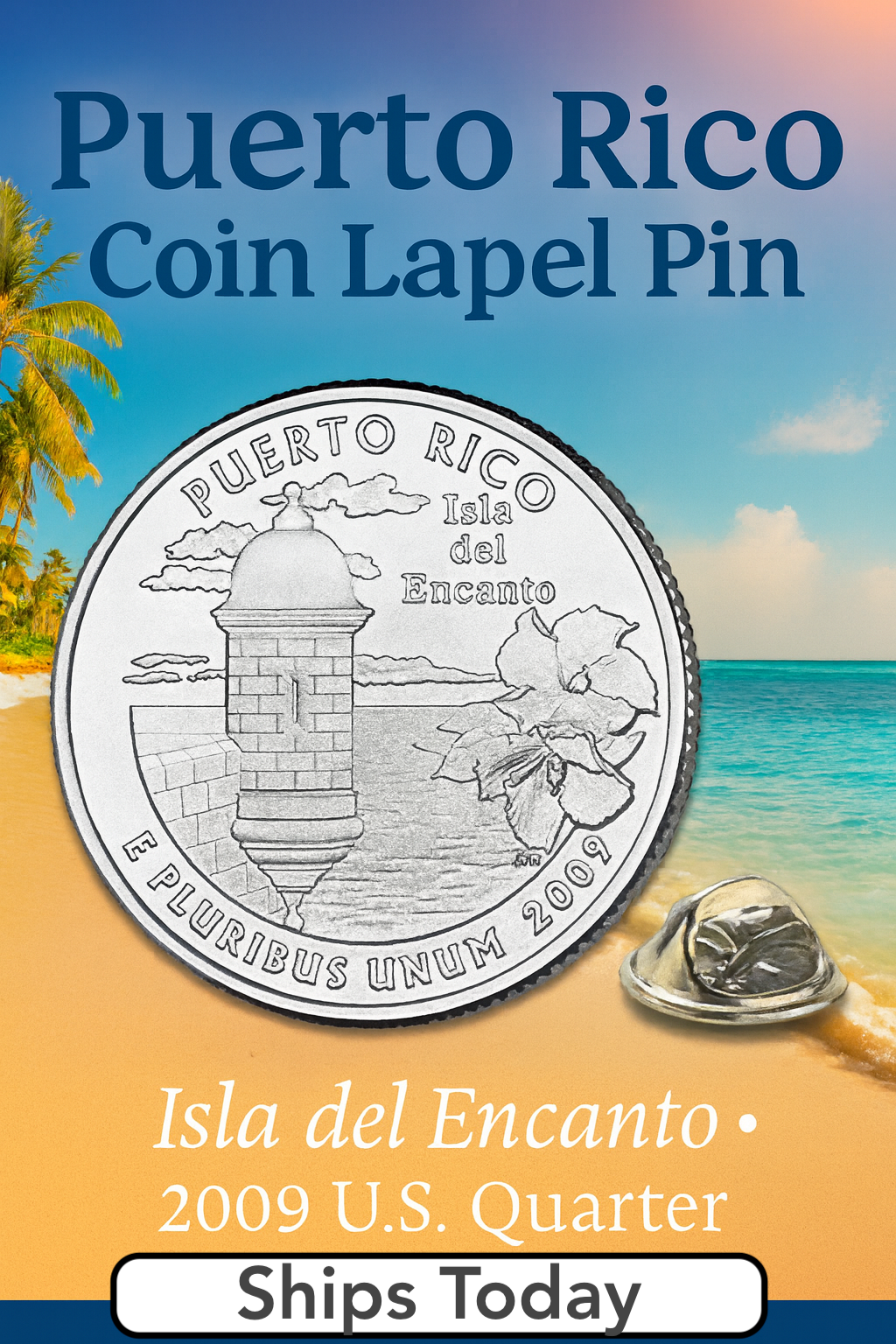 Puerto Rico coin lapel pin with scenic design on a beach background