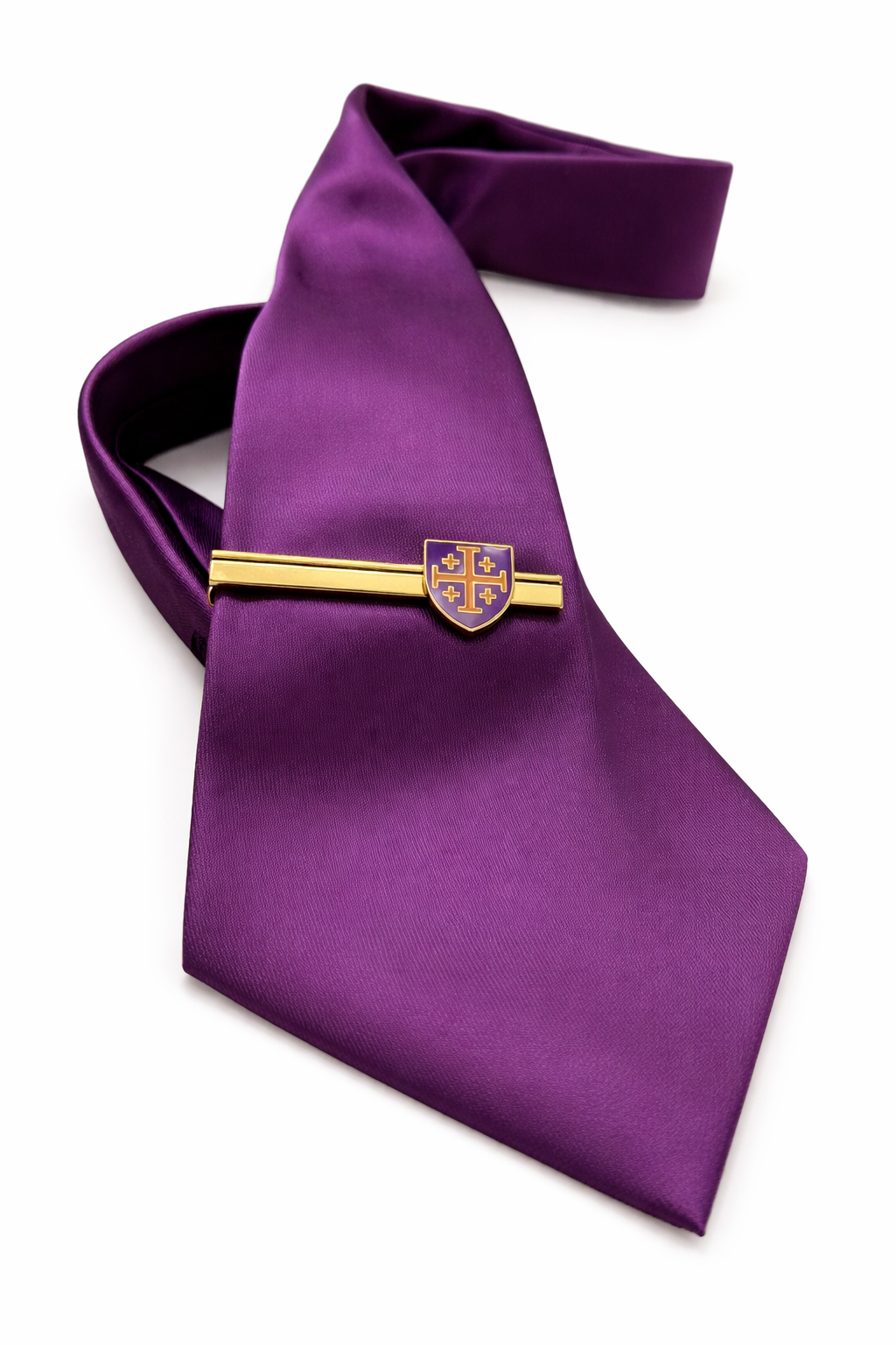 Purple tie with a gold and purple emblem on a white background