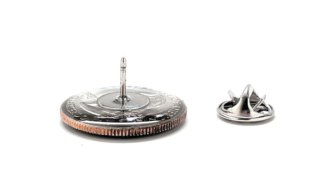 Hand-painted Texas quarter lapel pin with silver trim and secure metal clutch backing