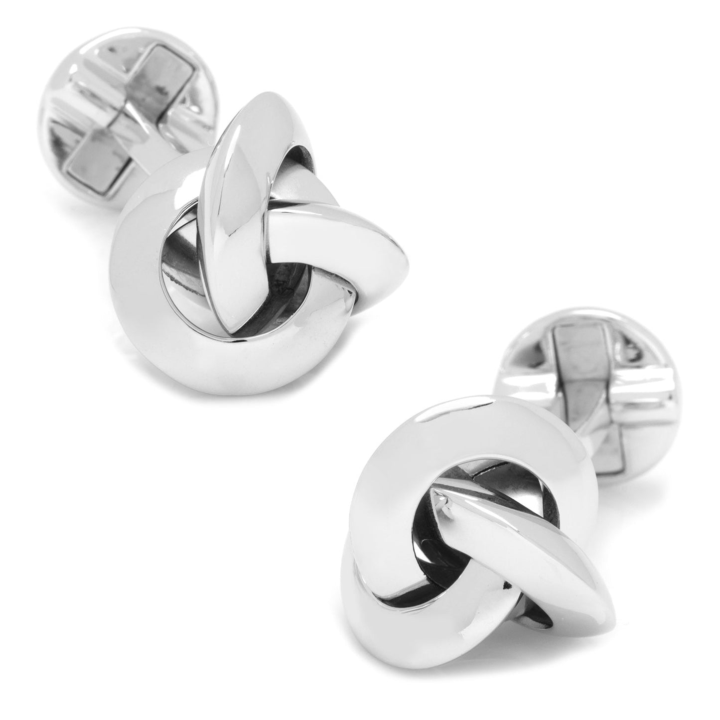 Silver knot cufflinks on a white background