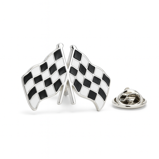Two crossed checkered flags lapel pin on a white background