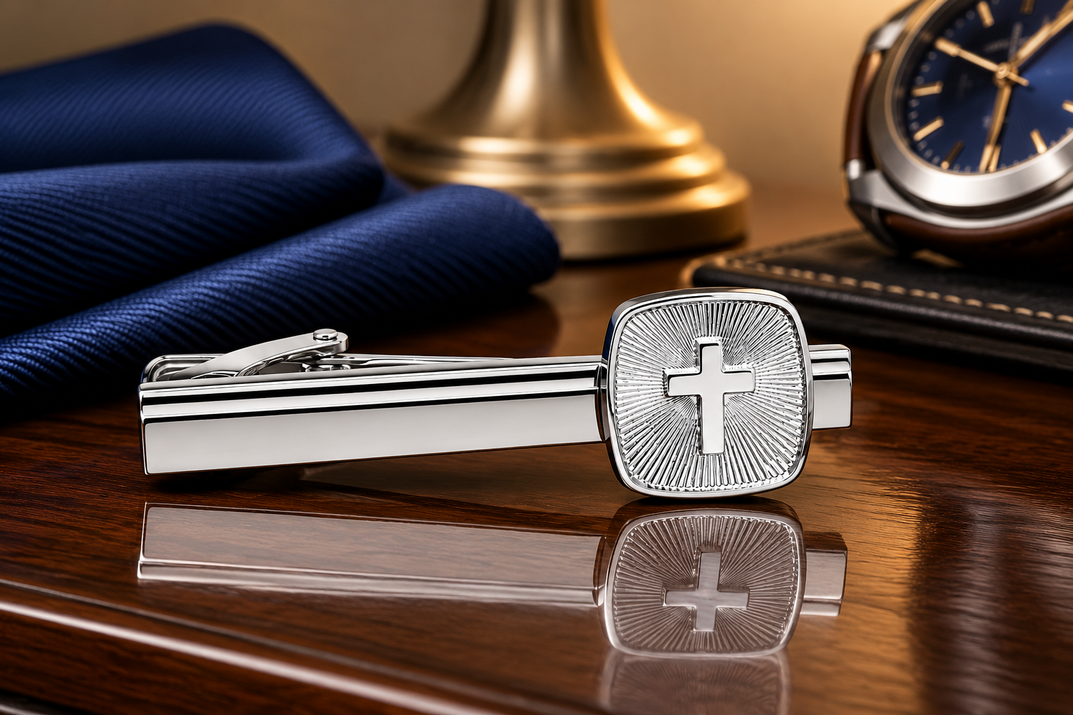 Silver cross tie clip on a reflective surface with a watch and blue fabric in the background.