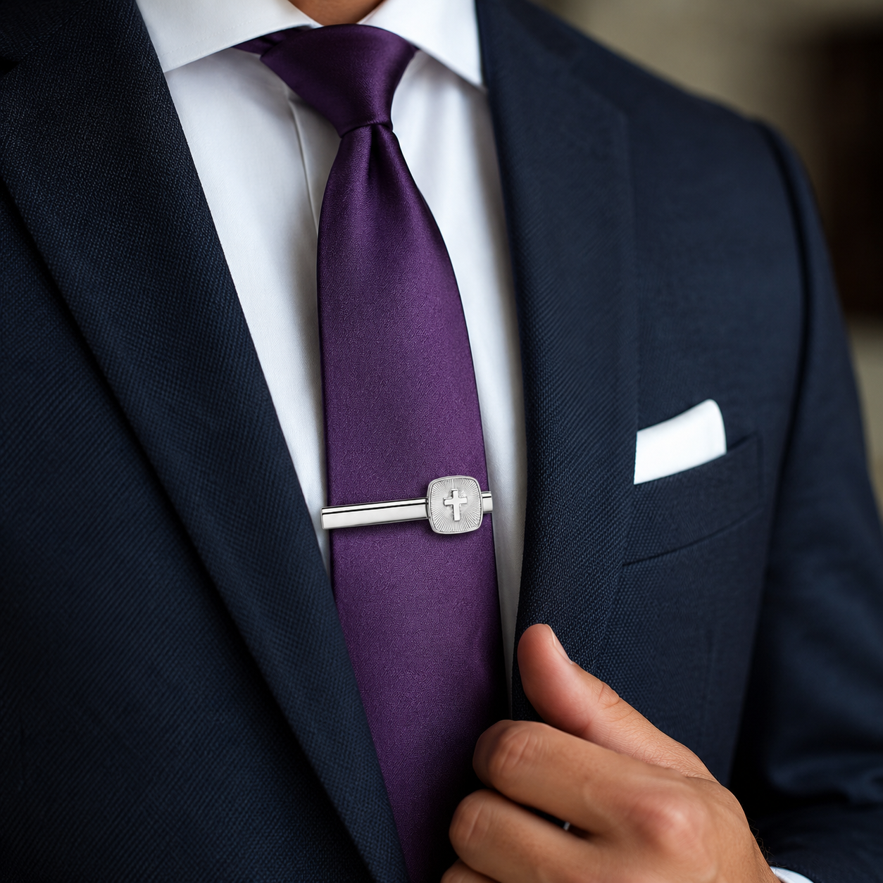 Man wearing a dark suit with a purple tie and silver cross tie clip, blurred background