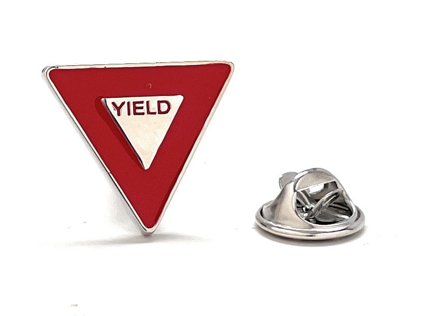 Red yield sign enamel lapel pin for drivers and traffic sign collectors