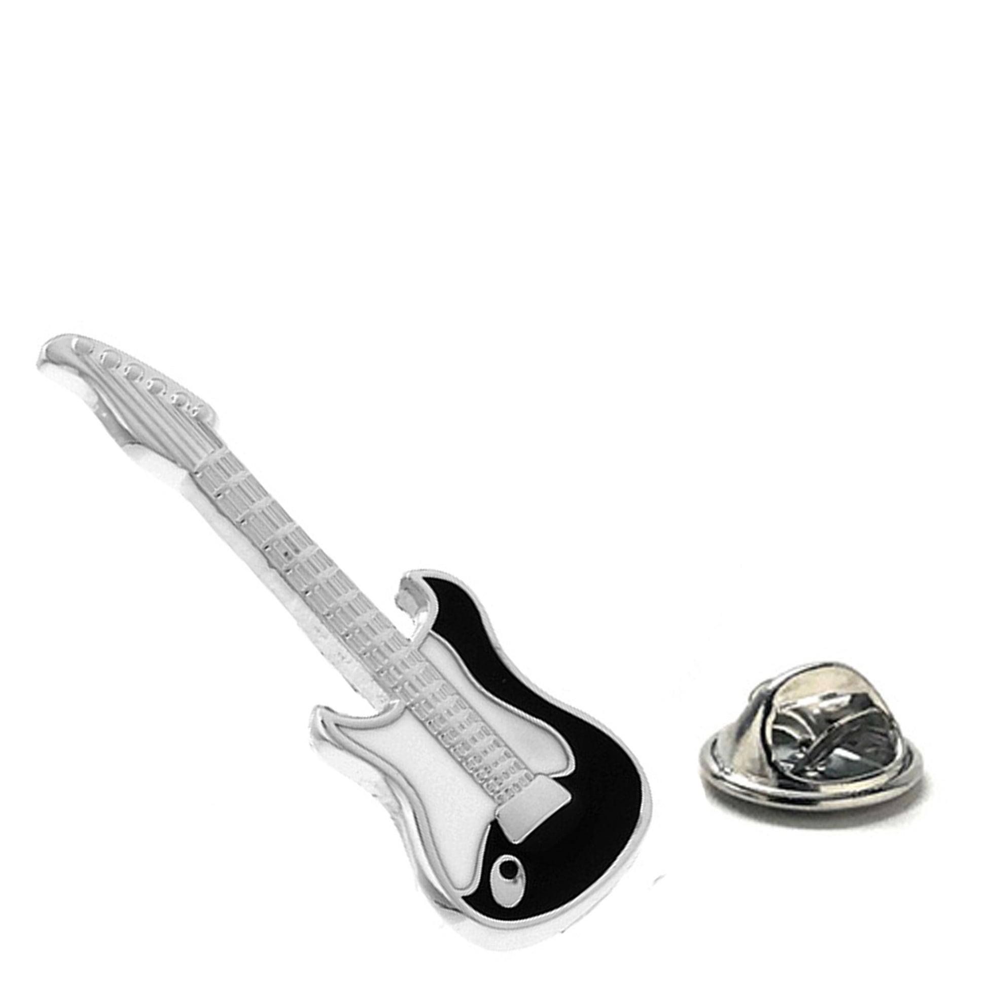 JayPins Rock & Roll Electric Guitar Lapel Pin in black and silver enamel displayed on a white background — perfect for musicians, guitarists, and music lovers.