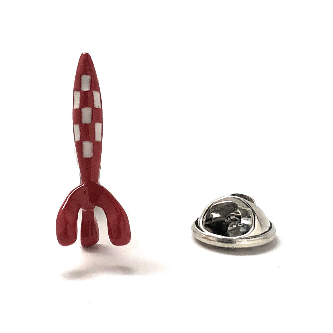 Red and white checkered rocket-shaped lapel pin on a white background