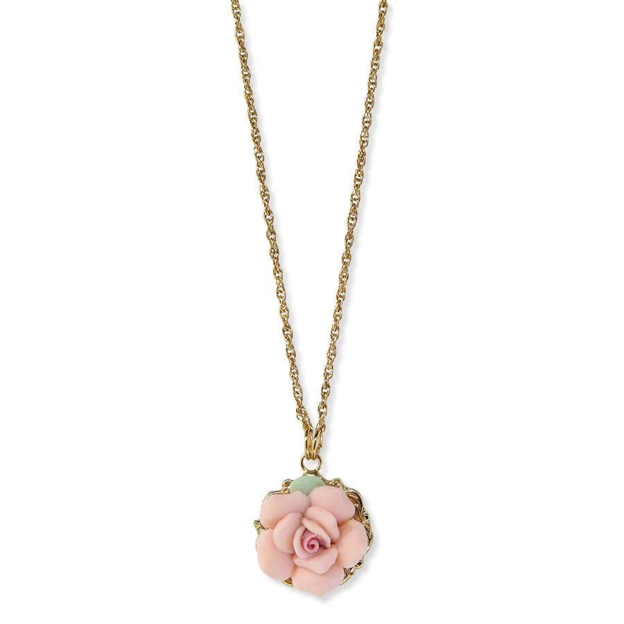 Women's Necklace Gold Jewelry Genuine Porcelain Rose Pendant Necklace 16" + 3" Extender