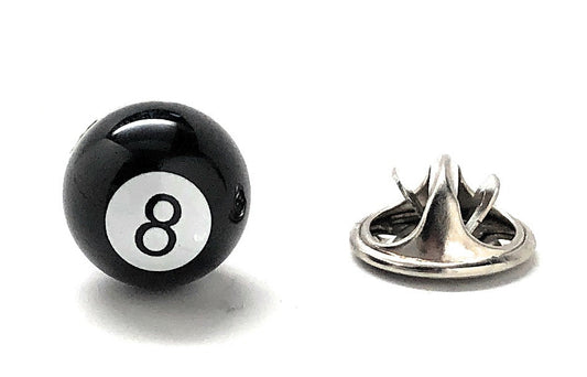 Glossy black 8 Ball lapel pin with secure metal clutch backing