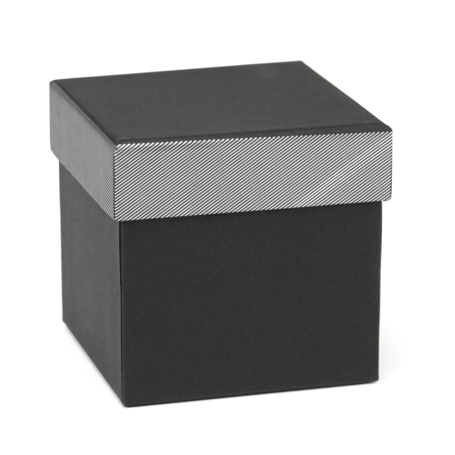 Black square box with a textured silver lid on a white background