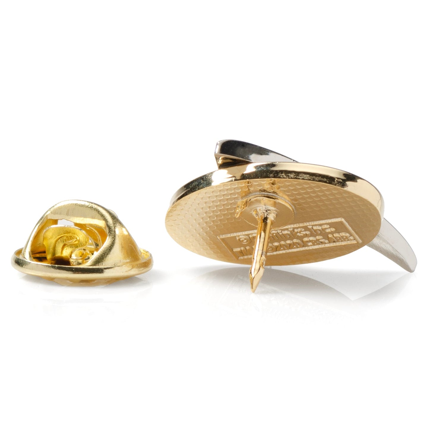 Gold lapel pin on a white background