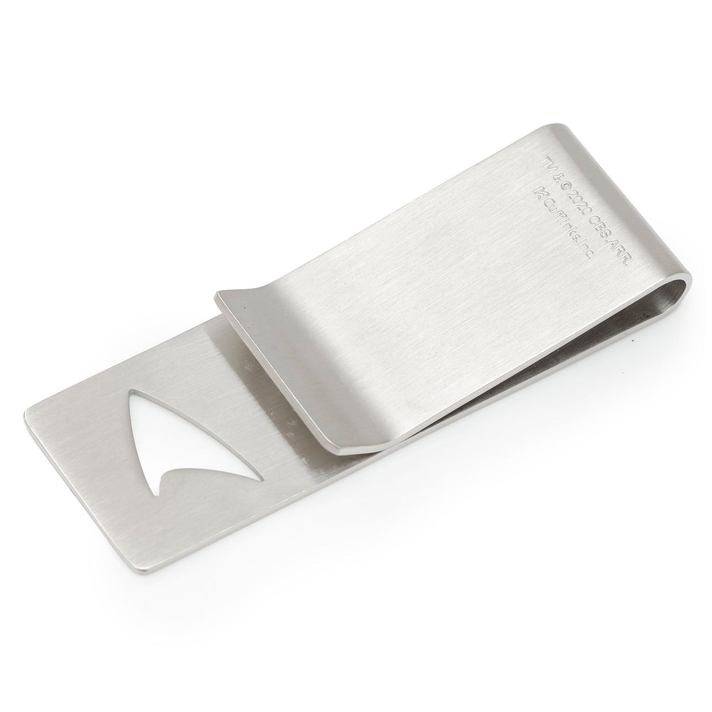 Silver money clip with bottle opener on a white background Star Trek Cutout Delta Shield Money Clip