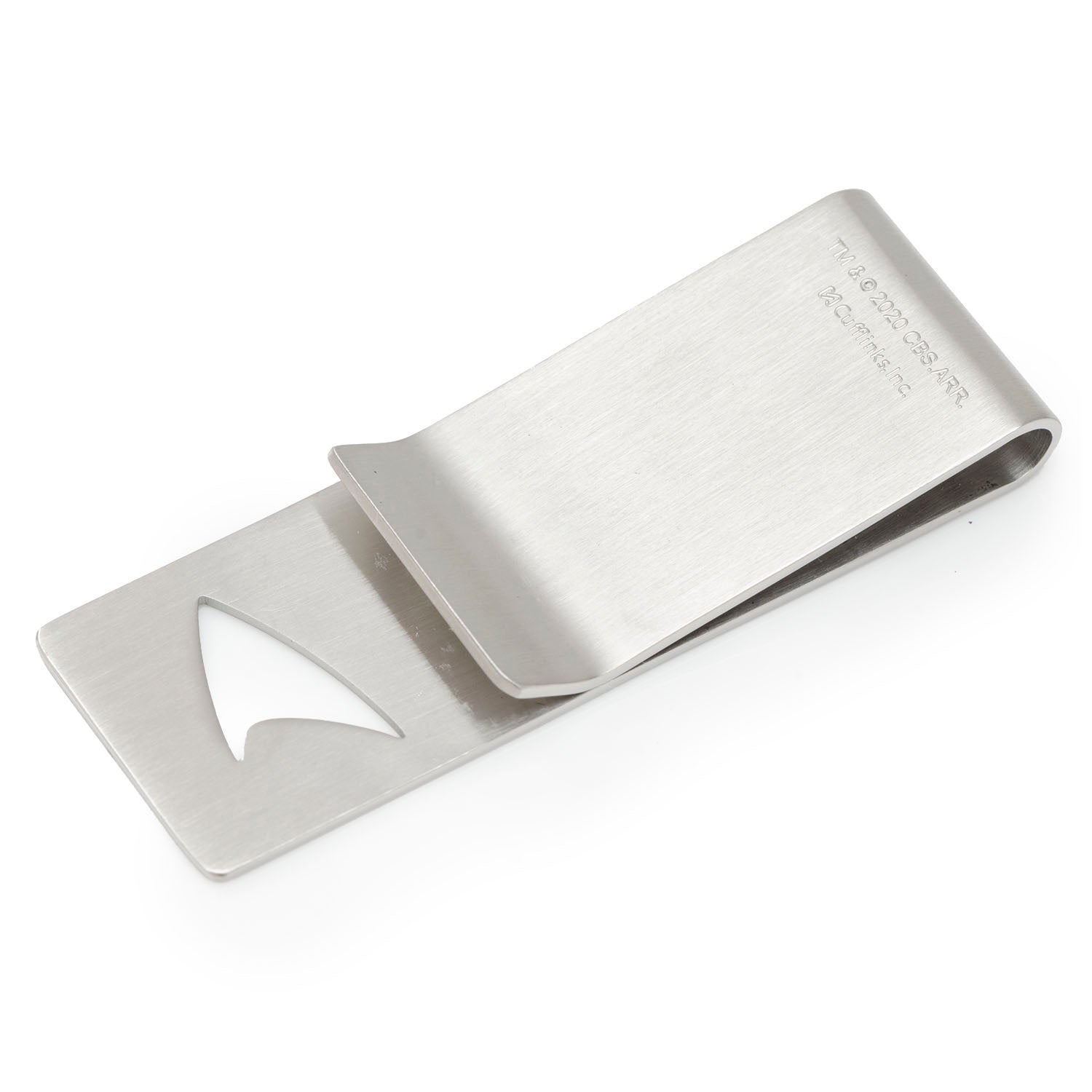 Silver money clip with bottle opener on a white background Star Trek Cutout Delta Shield Money Clip