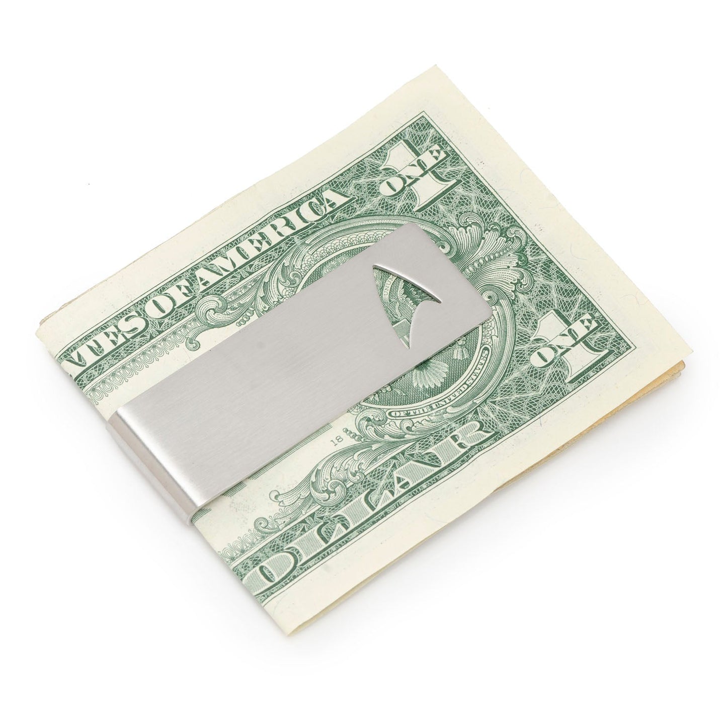 Silver money clip on a folded dollar bill against a white background Star Trek Cutout Delta Shield Money Clip