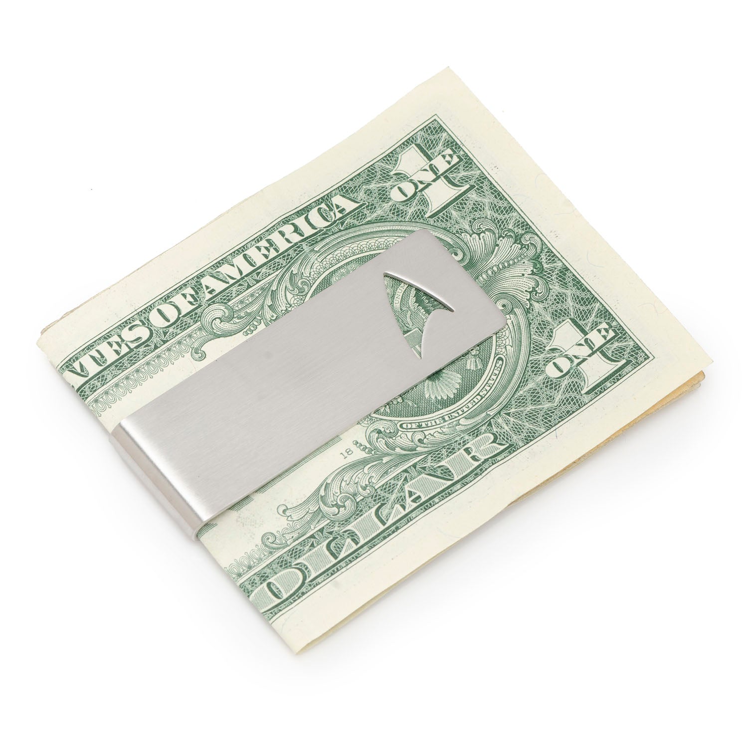Silver money clip on a folded dollar bill against a white background Star Trek Cutout Delta Shield Money Clip