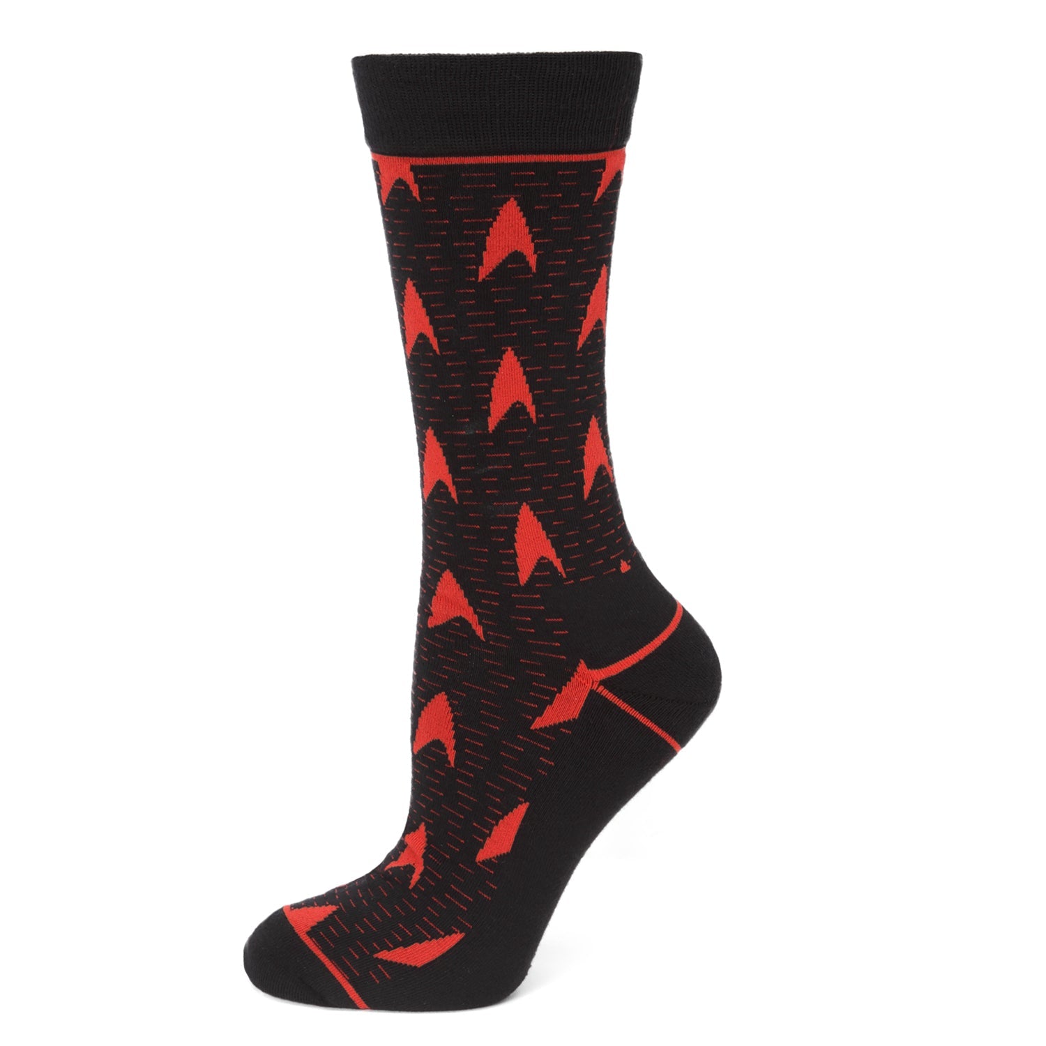 Black sock with red geometric pattern on a white background