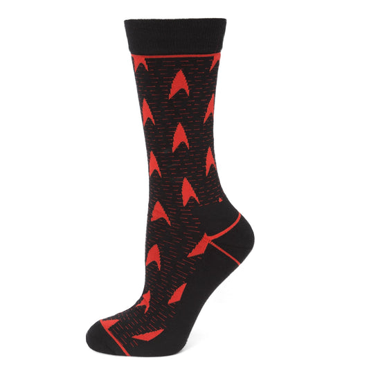 Black sock with red geometric pattern on a white background