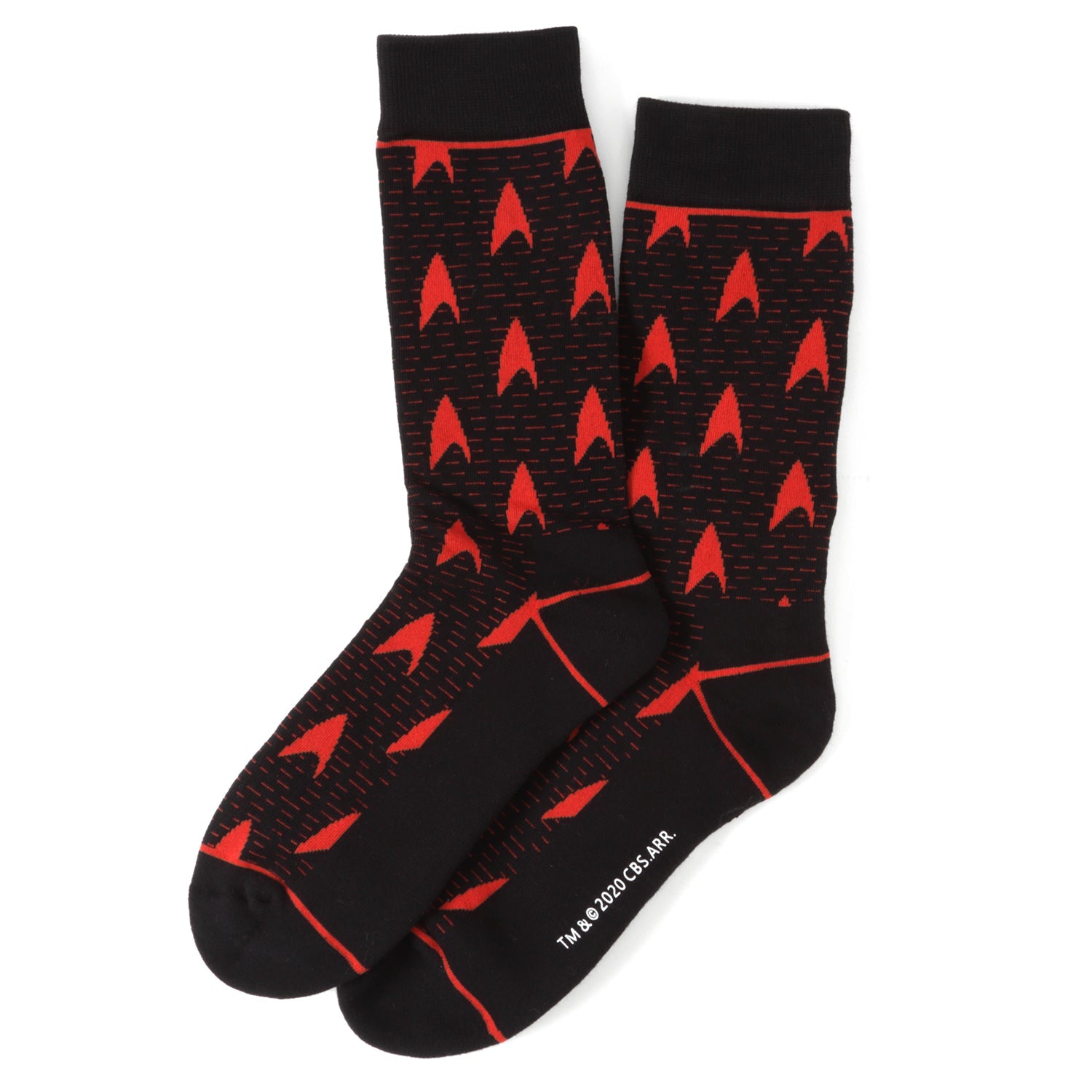 Black socks with red geometric pattern on a white background