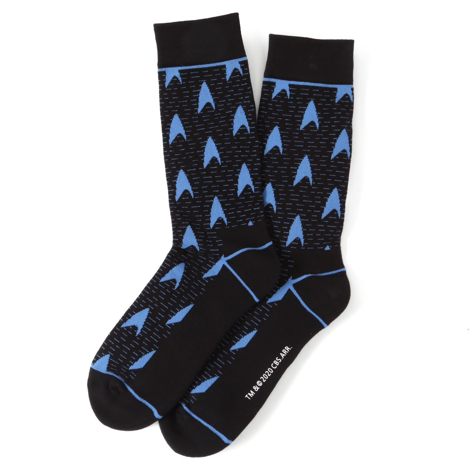 Black socks with blue shark tooth pattern on a white background