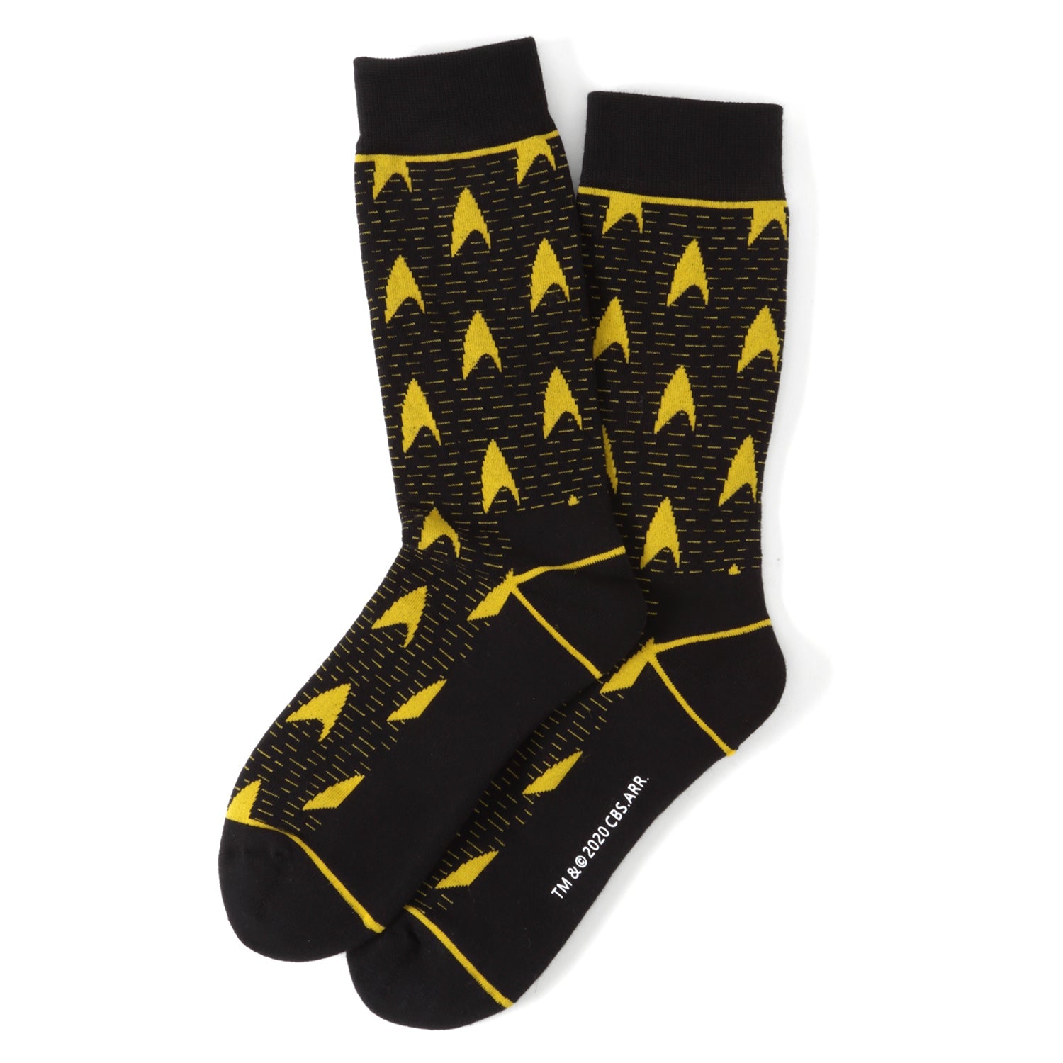 Black socks with yellow geometric pattern on a white background