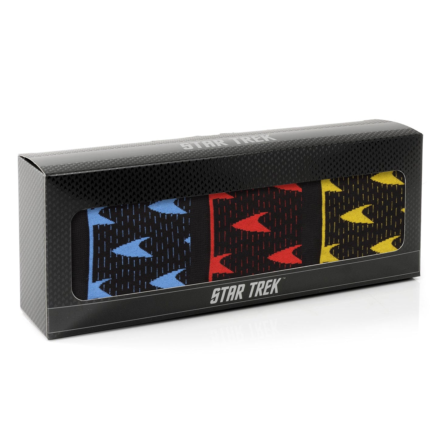 Box of Star Trek-themed socks with colorful designs on a white background