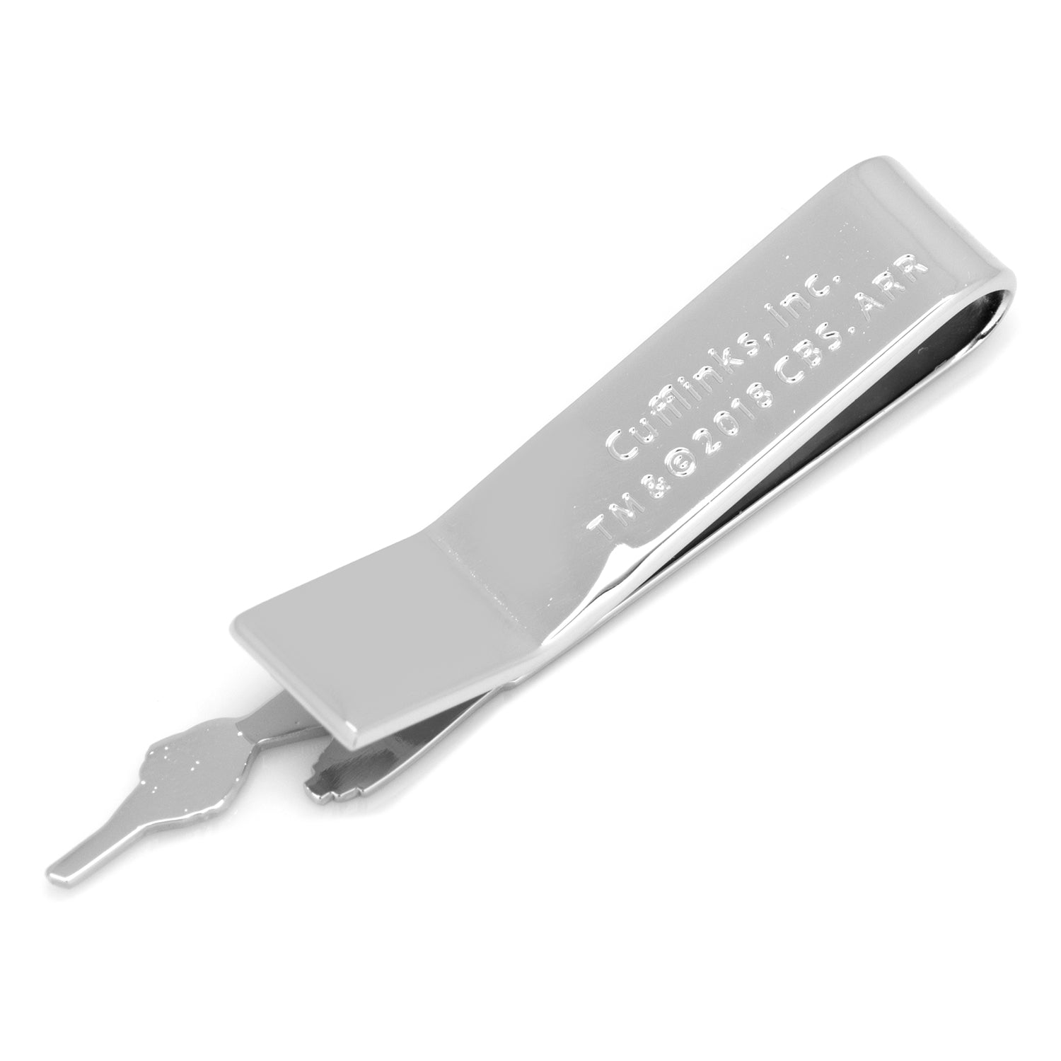 Silver tie clip with engraved text on a white background