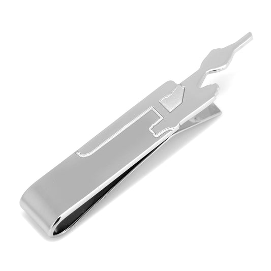 Silver tie clip with a unique design on a white background Star Trek Enterprise Silhouette Tie Bar