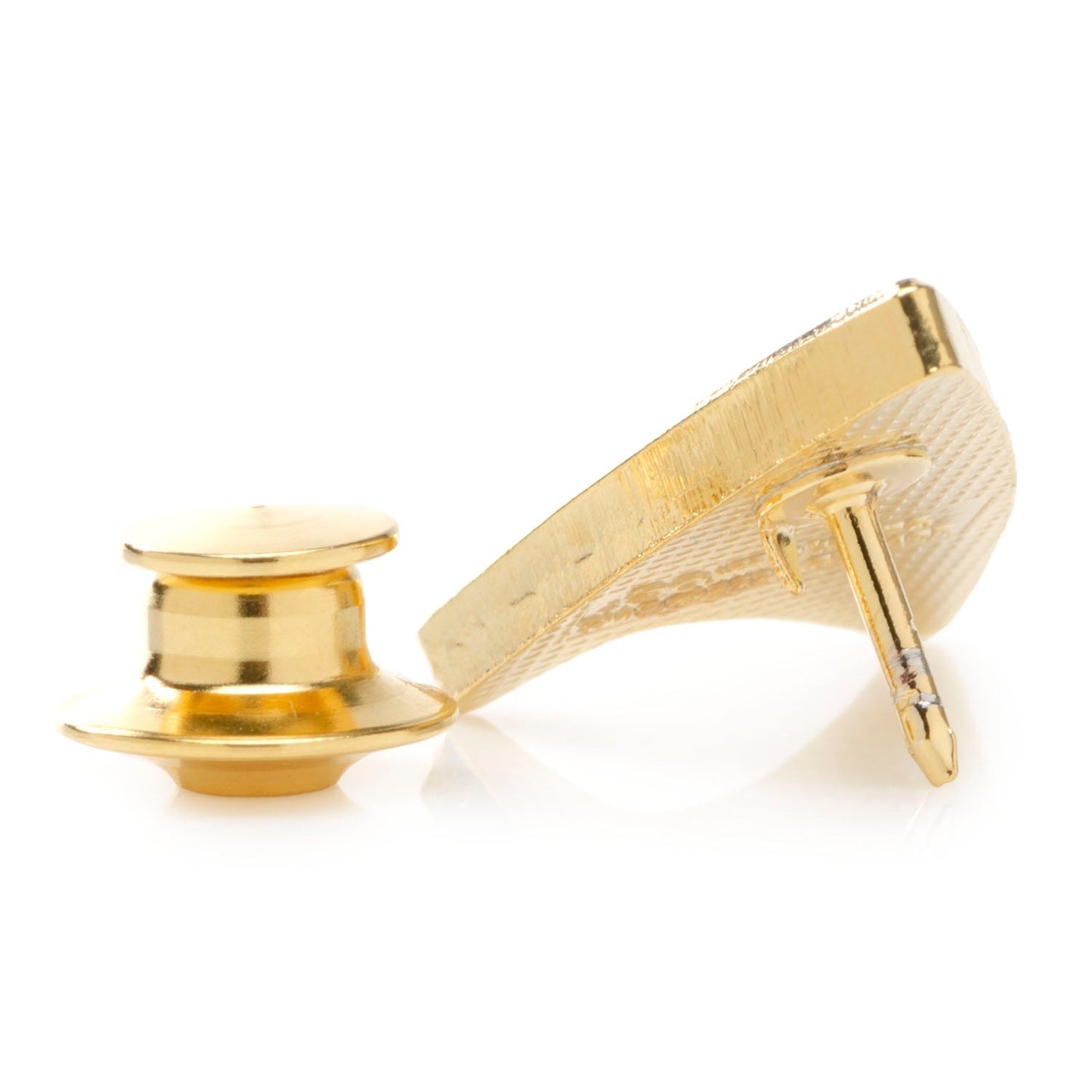 Gold high-heeled shoe cufflink on a white background