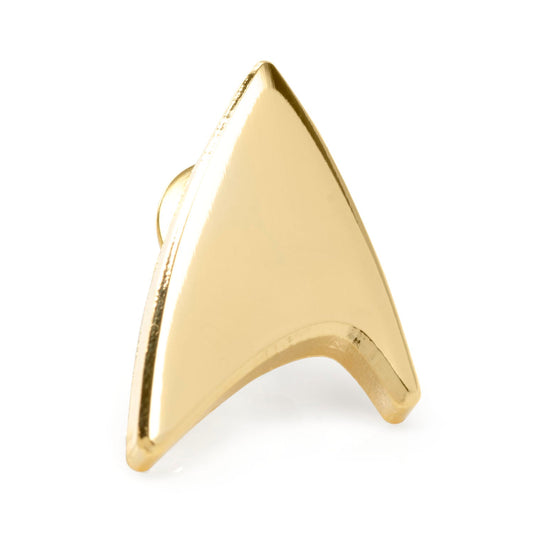 Star Trek Gold Delta Shield Lapel Pin Gold triangular earring on a white background