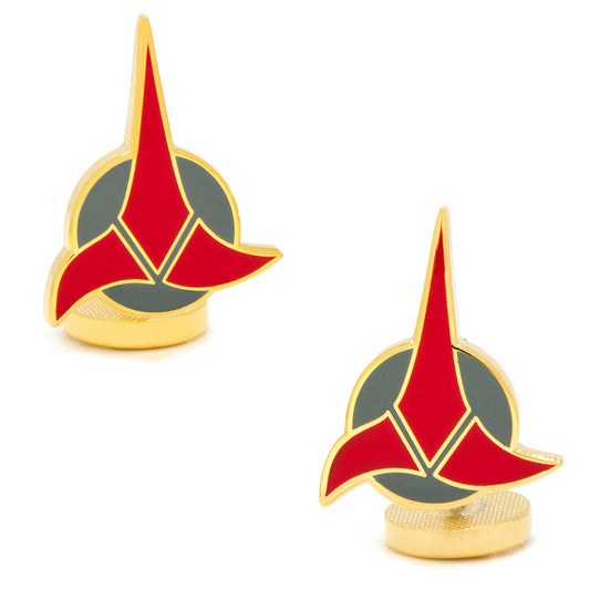 Two red and gold earrings on a white background Star Trek Klingon Cufflinks