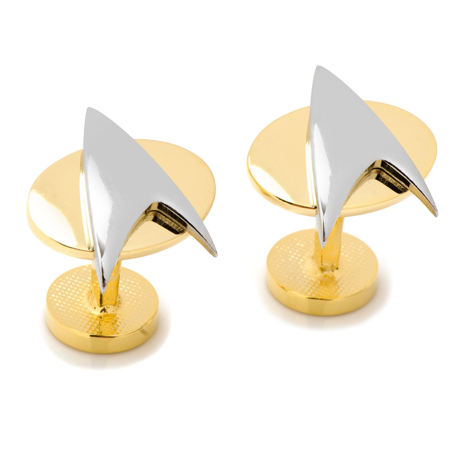Gold and silver cufflinks on a white background Star Trek Two Tone Delta Shield Cufflinks