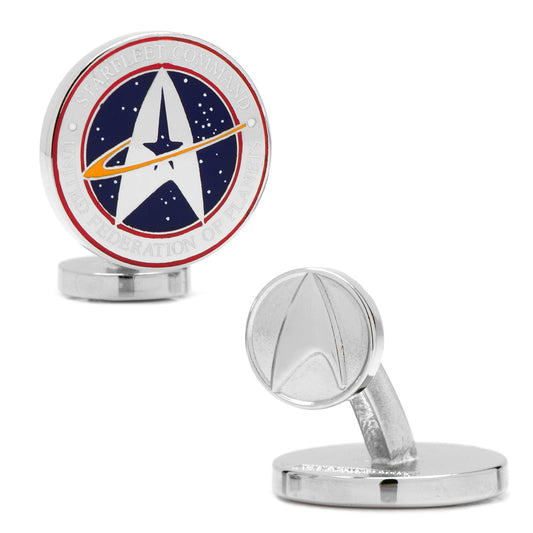 Cufflinks with a starfleet emblem design on a white background