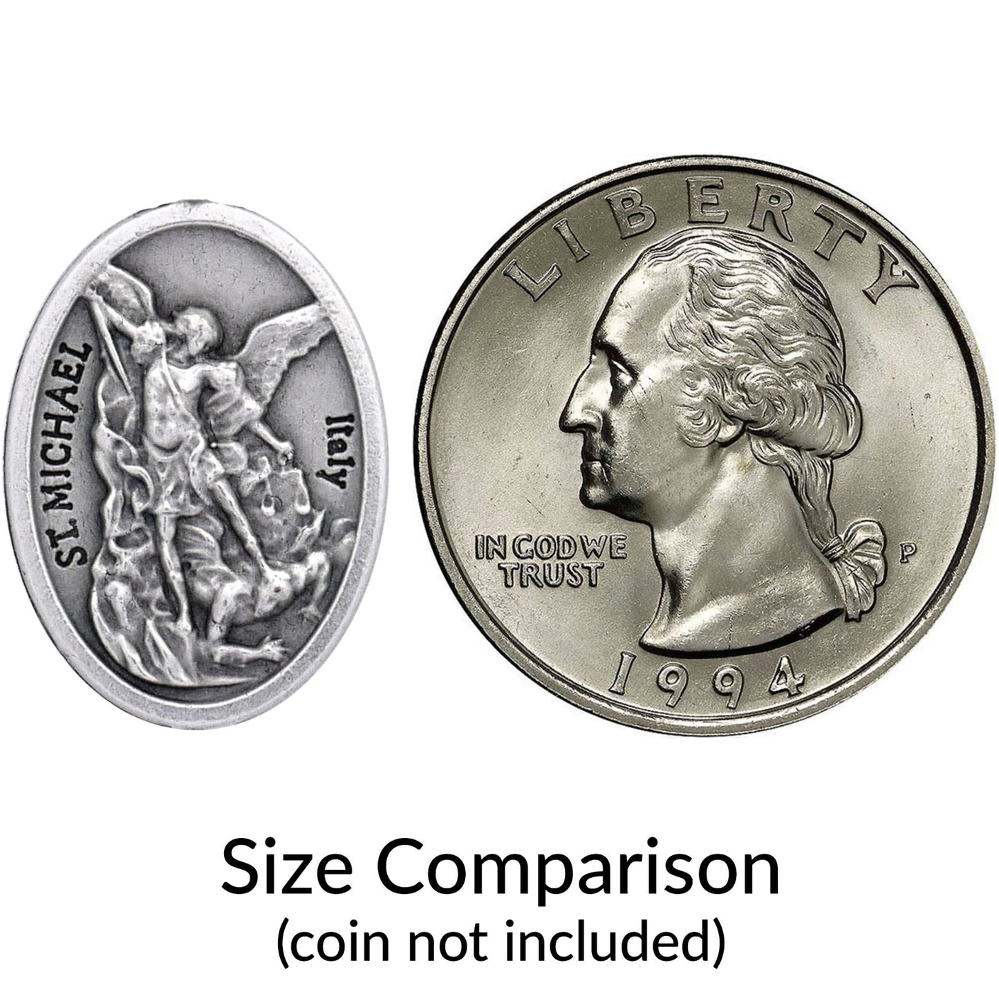 Comparison of a small coin-shaped object and a larger coin Religious St. Michael lapel pin for men and women