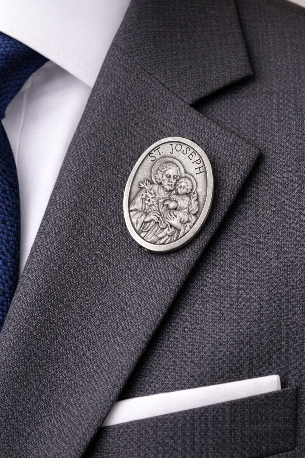 Gray suit jacket with a St. Joseph medallion pin on a white shirt and blue tie.