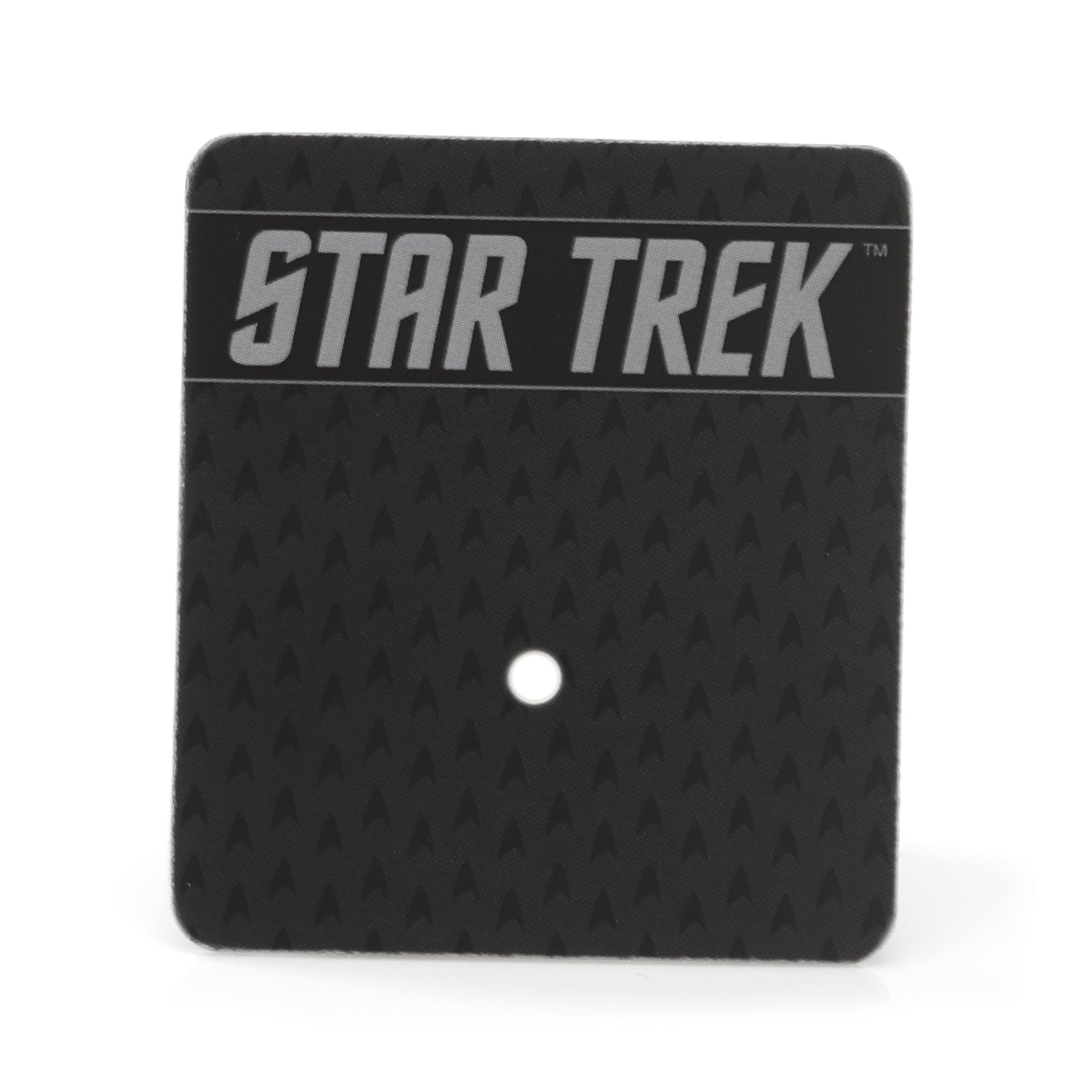 Black 'Star Trek' logo with a white dot on a white background