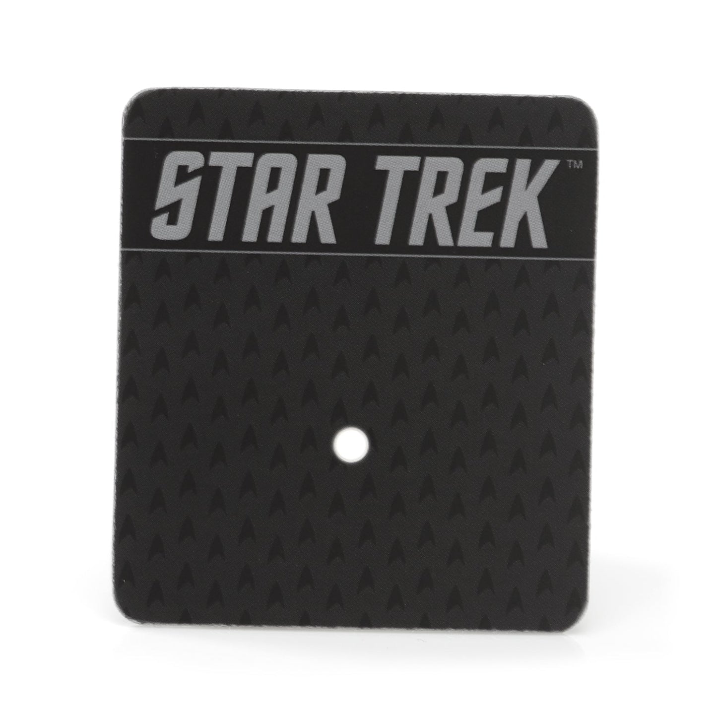 Black 'Star Trek' logo with a white dot on a white background
