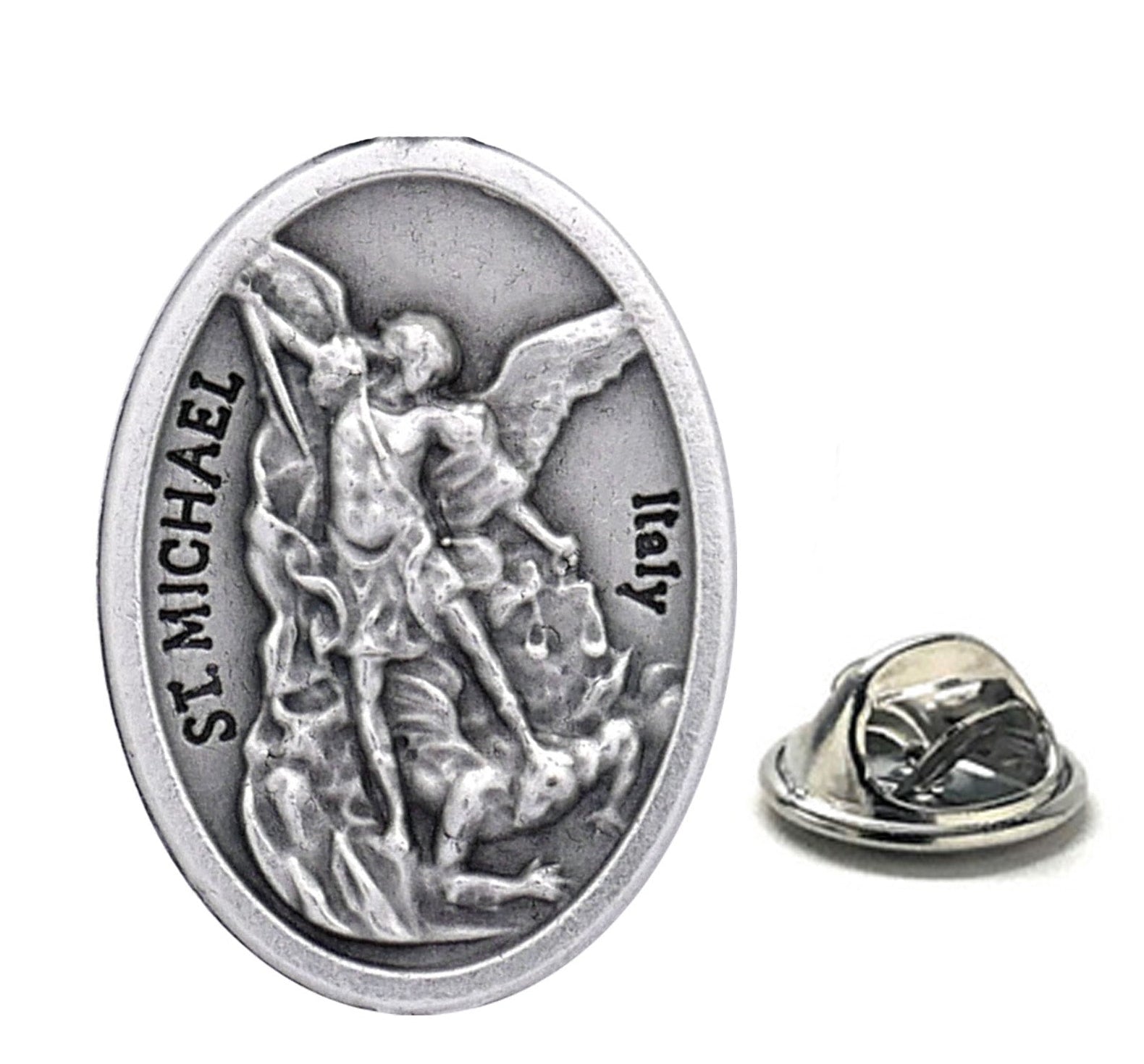Silver Saint Michael badge with a white background