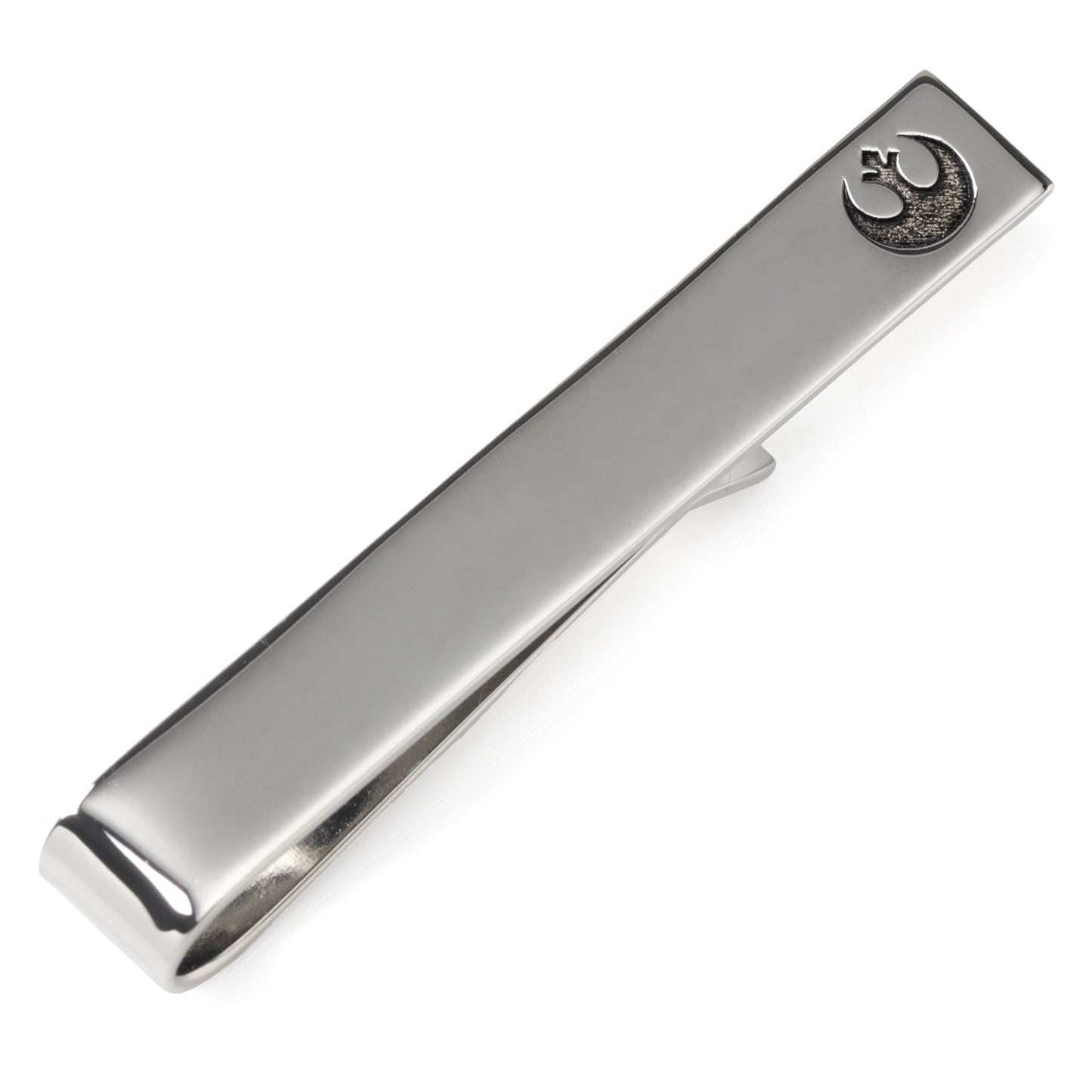 Silver tie clip with a logo on a white background