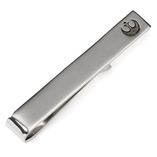 Silver tie clip with a logo on a white background