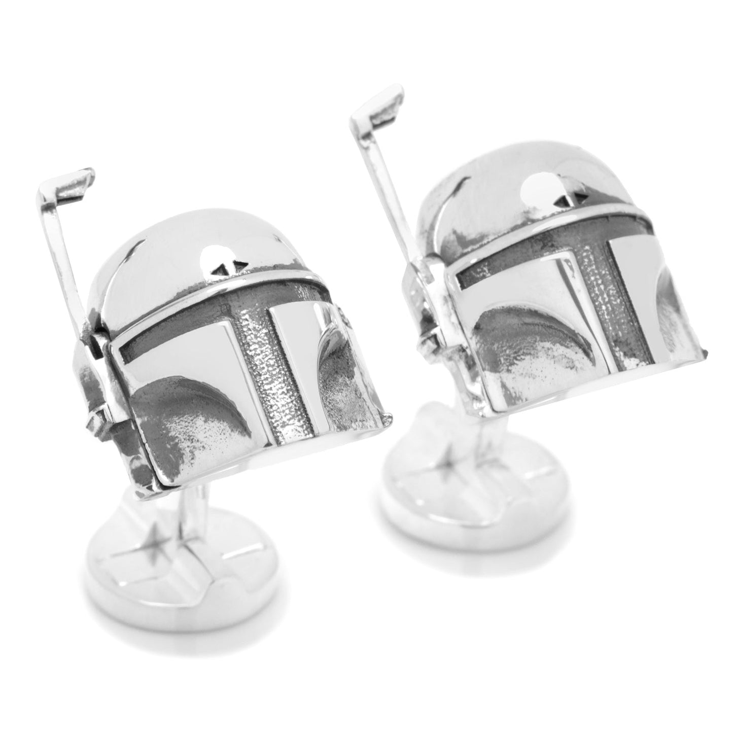 Silver robot cufflinks on a white background