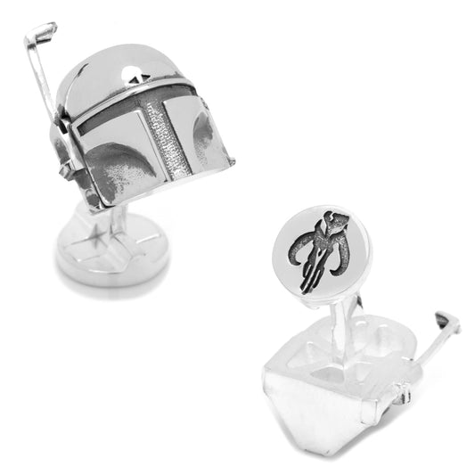 Silver Boba Fett helmet and cufflinks on a white background